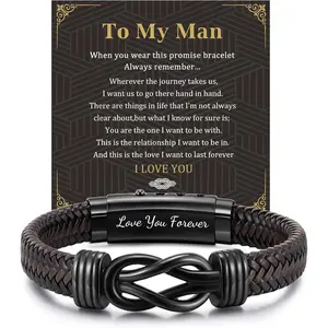 THE WELL KEPT Men's Bracelets Gifts for Men - Brown Braided Leather Infinity Knot Bracelets Engraved Love Massage for Son Man Husband Boyfriend, Personalized Mens Bracelets   for Birthday Christmas
