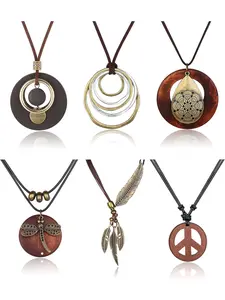 6 Pcs Natural Brown Long Pendant Necklace Collection for Women Men Classic Bohemian Vintage Wooden Craft Design Elongated Sweater Necklaces for Fall Seasonal Matching Artistic Handmade Hippie Style Throughout The Whole Set