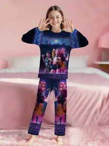 Night Girl Group 2-piece girls' digital printed long-sleeved pajamas with extended pants, made of flame-retardant fabric. A fashionable, trendy, casual, comfortable and soft pajama set, suitable for sleeping and home leisure. 100% polyester, suitable for