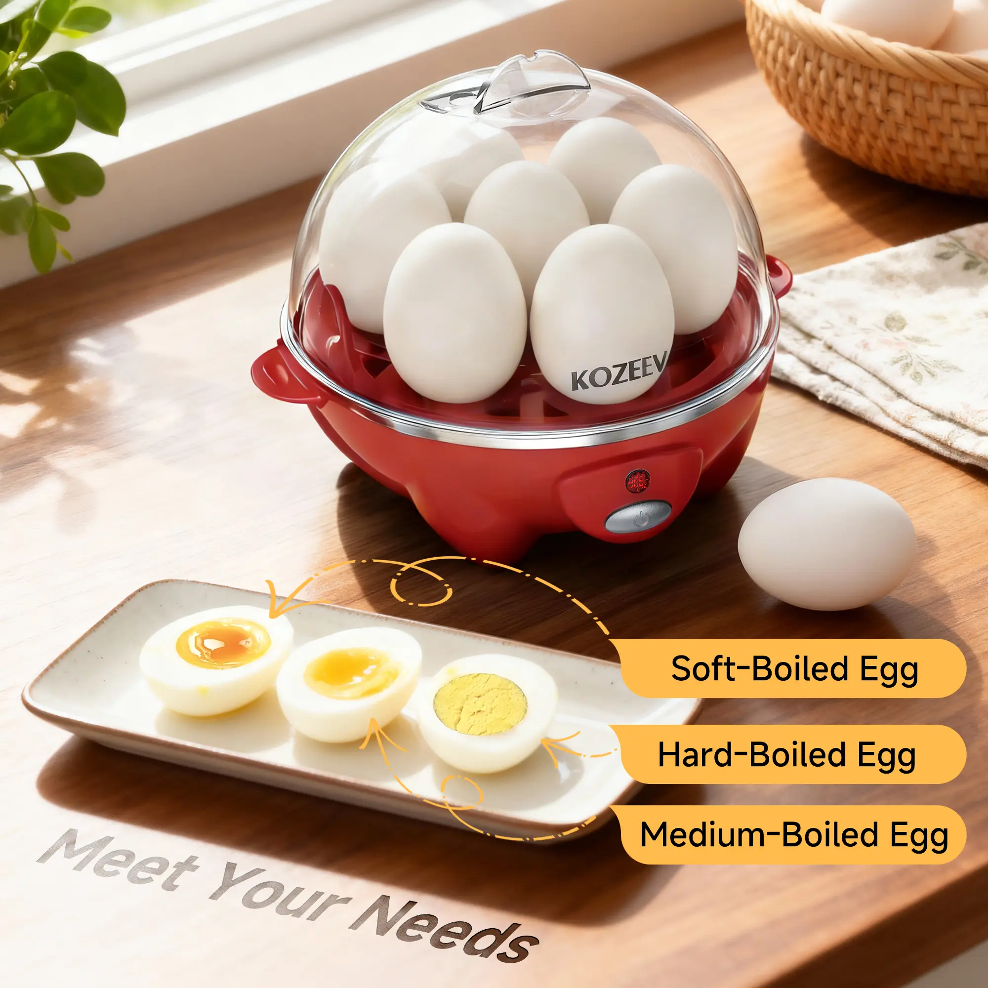 KOZEEWARM Electric Egg Cooker Machine, 7/14-Egg Capacity, Soft/Medium/Hard-Boiled Settings, Auto Shut-Off, Included Measuring Cup – Kitchen Appliance Easy Cooking Solution