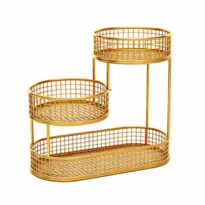 3-Tier Multi-Color Metal Kitchen Fruit Basket, Rust-Proof Durable Countertop Storage Rack, Space-Saving Organizer for Fruits & Vegetables Decor Gold