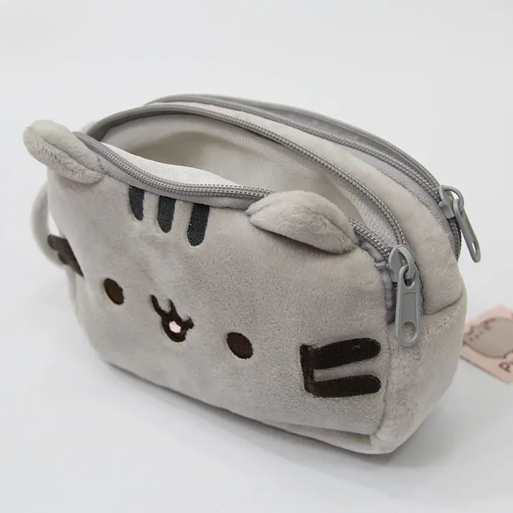 Cute Fleece Small Gray Cat Girl Makeup Bag, Large Capacity Student Storage Bag, Stationery Bag