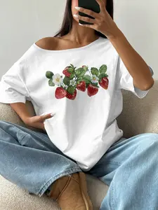 Women's Loose Off-Shoulder Knit T-Shirt, Casual Drop Shoulder Short Sleeve Top, Autumn Irregular Neckline Tee, Young Women Trendy Style, Fit, Womenswear, Summer