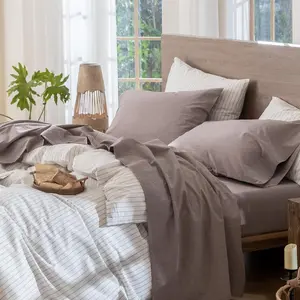 Sheet 100% Washed Linen Like Textured Durable (Heathered Mauve Brown, Queen)