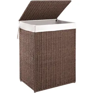 Laundry Hamper with Lid, 90L(23.8 Gal) Large Wicker Laundry Basket for Bedroom, Handwoven Paper Rope Clothes Hamper with Washable Liner & Frame, Decorative Organizer for Brown