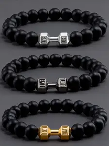 3pcs Men's Natural Stone Elastic Bracelet, Men's Bead Bracelet, Dumbbell Charm Bracelet, Exquisite Hand Jewelry, Suitable for Daily, for Boyfriend, for Brother, for Parents, Holiday Gift