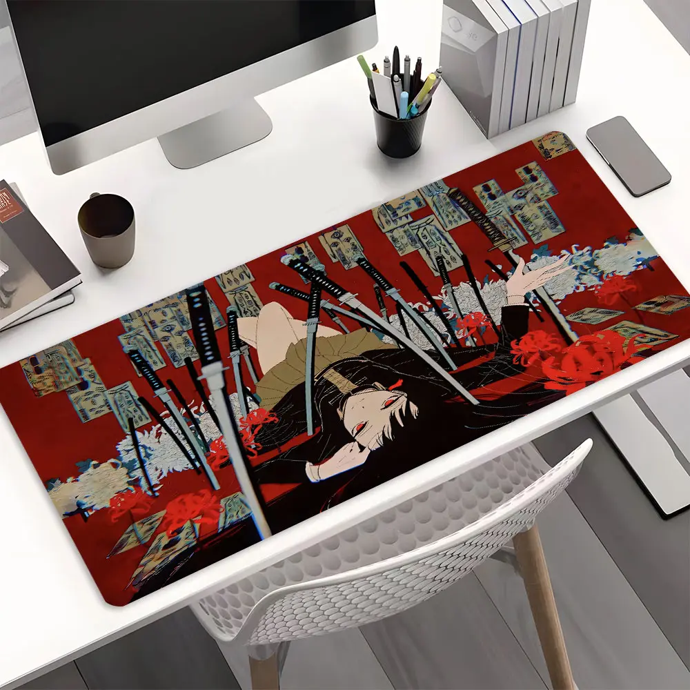 Dark Gothic Anime girl  Large Gaming Mouse Pad, Japanese Samurai Swords & Flowers Washable Rubber Extended Desk Mat with Non-Slip Base, Girly Aesthetic Home Office Decor, Mouse Pads for Desk, Christian Gifts for Women, Cute Desk Accessories