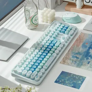 MOFii 1 Set Wireless Keyboard and Mouse Combo, Fresh Blue Cute Bear Cartoon Round Keycaps, High Aesthetic Office Keyboard Mouse for Girls, Universal for Laptop & Desktop, US Qwerty (Batteries Not Included)