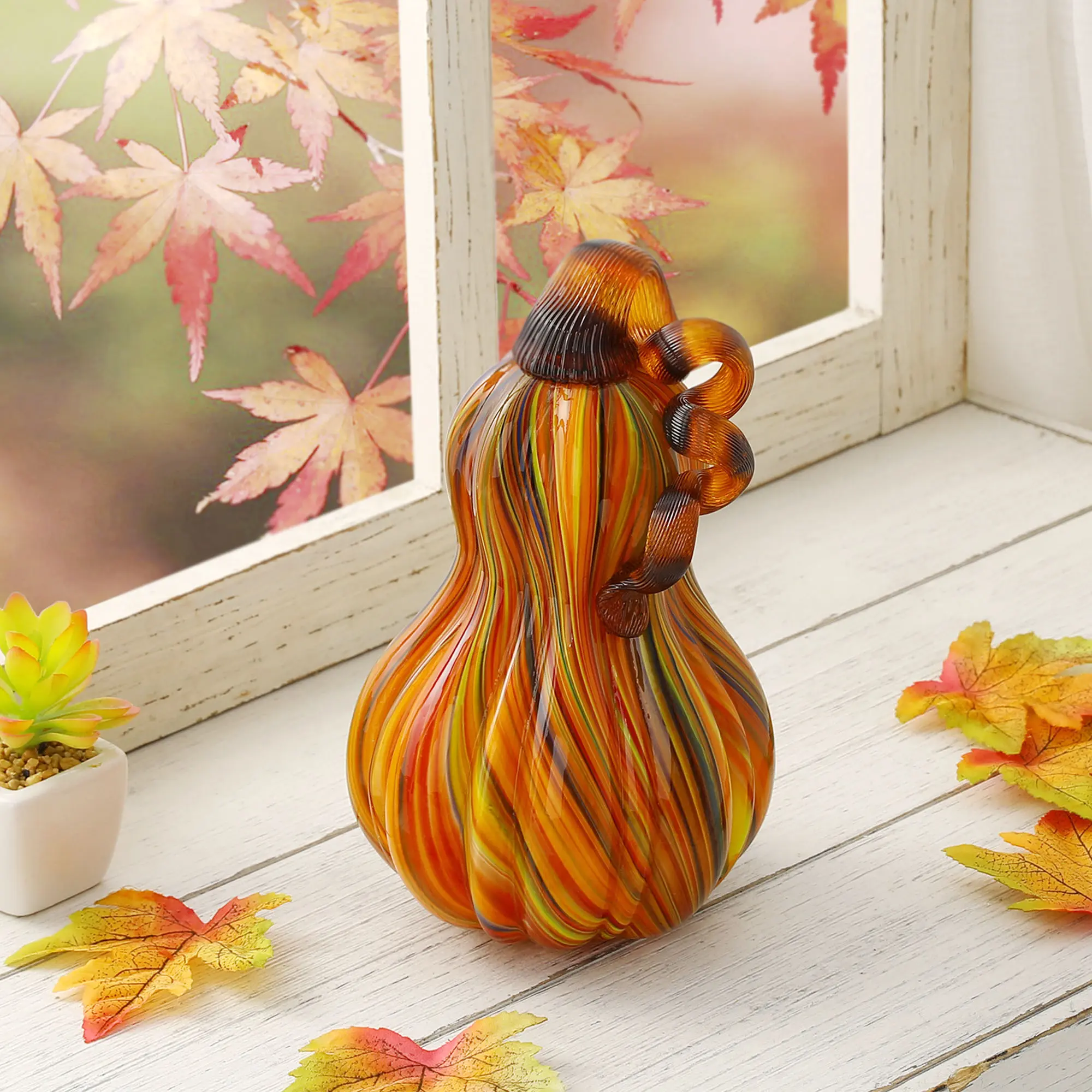 Glitzhome 8.5"H Multi-Striped Glass Gourd, Festive Home Decor Ornaments