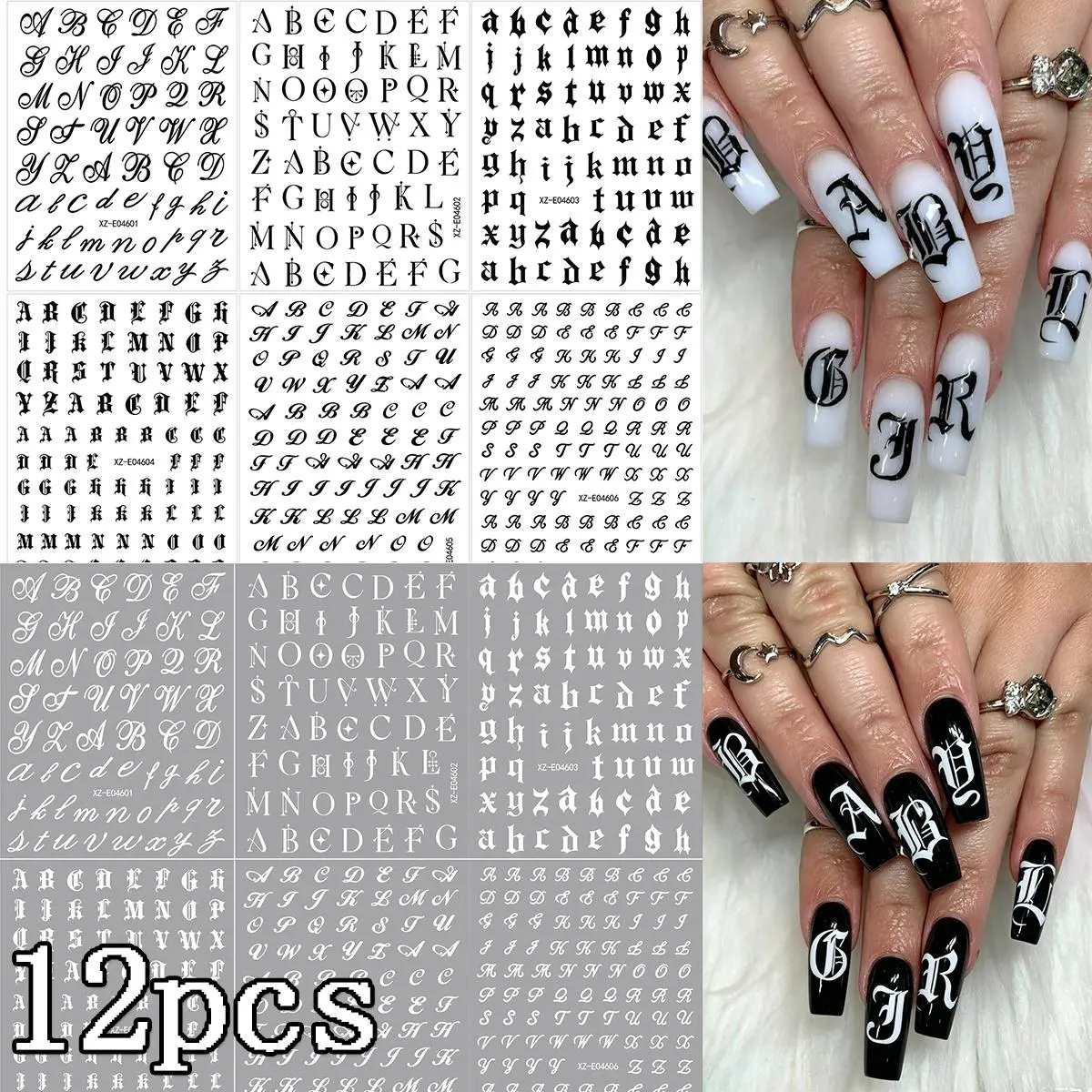 6/12Pcs Gothic Alphabet Nail Stickers Black White Old English Letter Self-adhesive Nail Decals For Y2K Manicure Punk Nail Decors