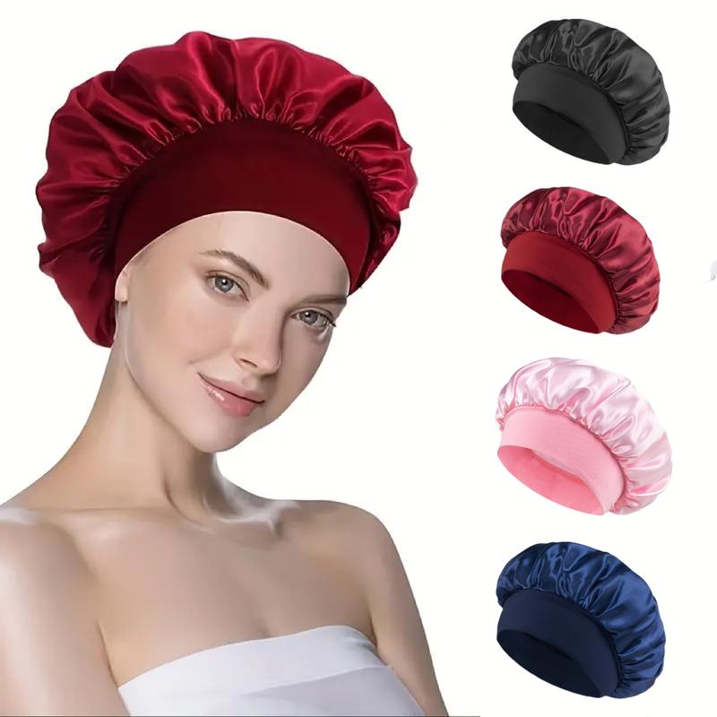 Luxury Satin Shower Cap Waterproof Double Layer Bonnet with Adjustable Elastic for Frizz Control Night Sleep & Hair Protection in Red Pink Black & Navy