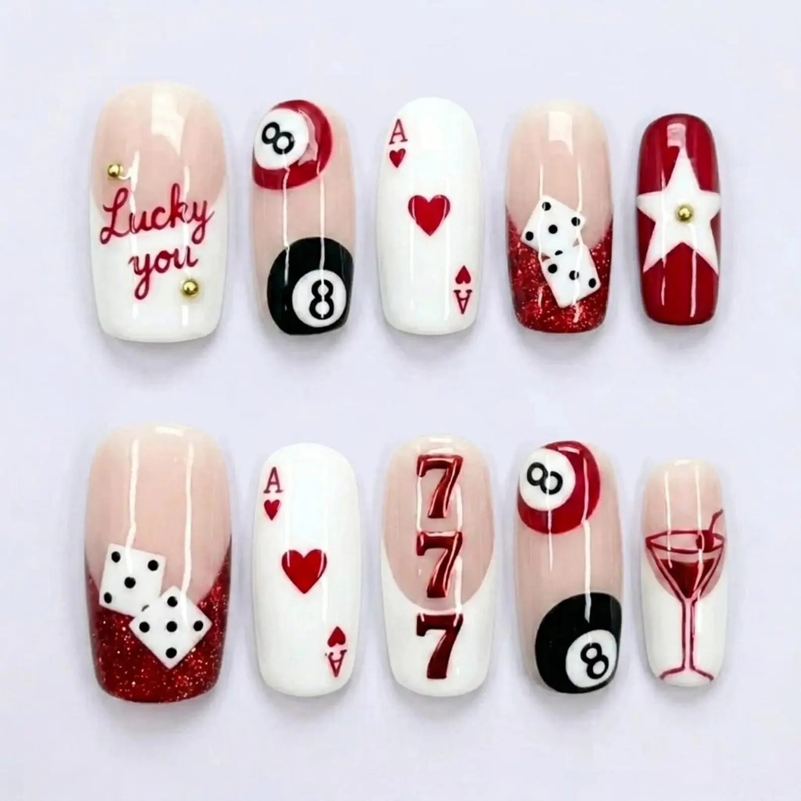 Casino Press On Nails With 3D Dice And 8 Ball| Funky Handmade Nail Art For Trip