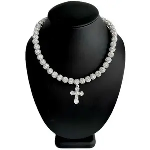 Iced Disco Ball Crystal Bead Baseball Drip Necklace w/ Iced Bling Cross Pendant Neck Jewelry