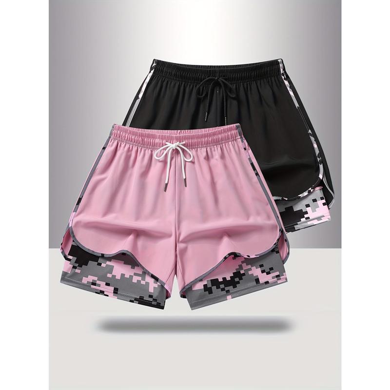 New Summer Arrival Women's 2pcs Active Polyester Double-Layer Fitted Cut Fake 2-Piece Mid-Thigh Bermuda Shorts Set, Breathable Athletic Shorts for Yoga & Daily Casual Wear