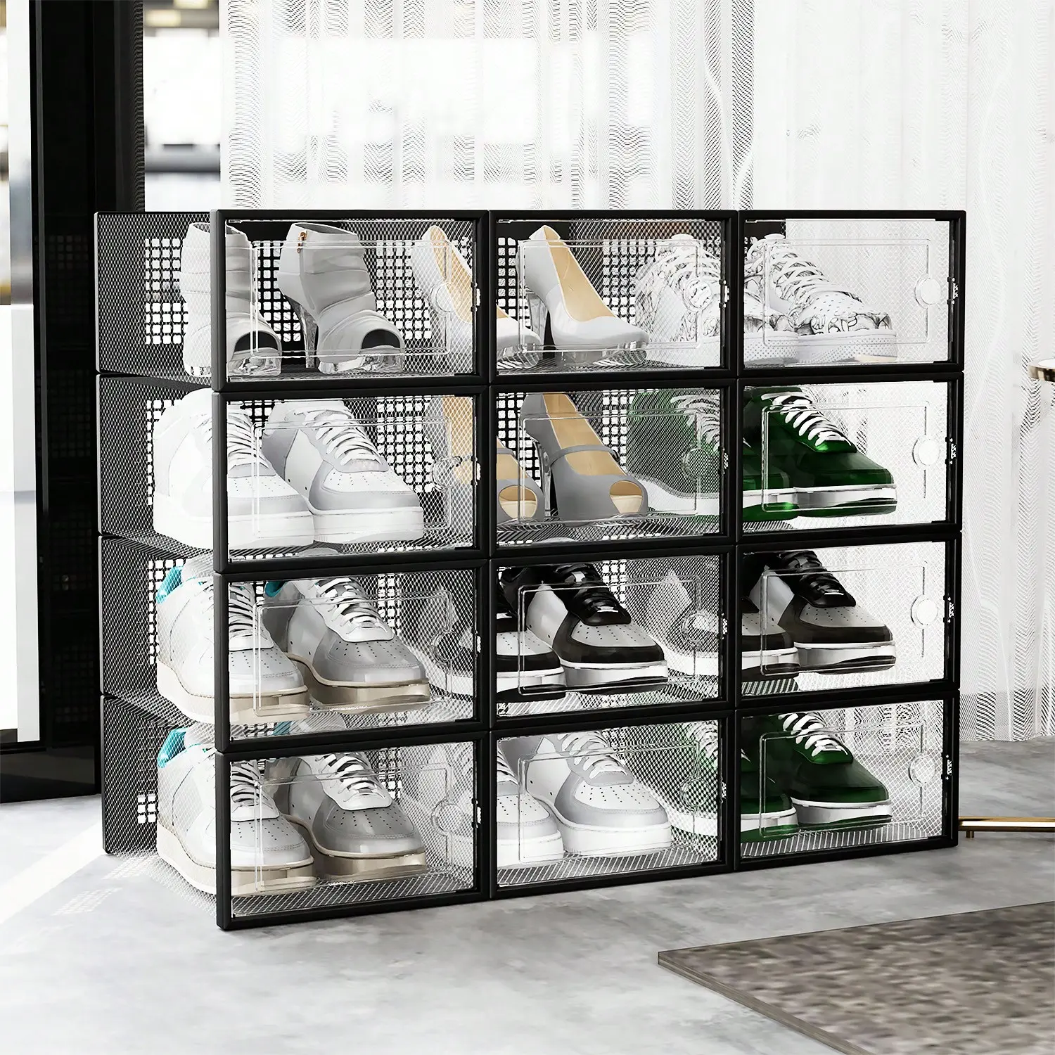 Transparent Shoe Storage Boxes Front Pull-Out Drawer - Stackable Dustproof Moisture-Proof Clear Plastic Organizers with Thickened Frame, Full Grid Visible Panel, Space-Saving for Entryway Closet Dorm