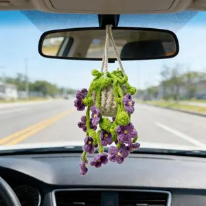Handmade Crochet Violet Flower Car Mirror Hanging Ornament Boho Potted Plant Charm Interior Decor Accessory for Daily Commute Travel Use