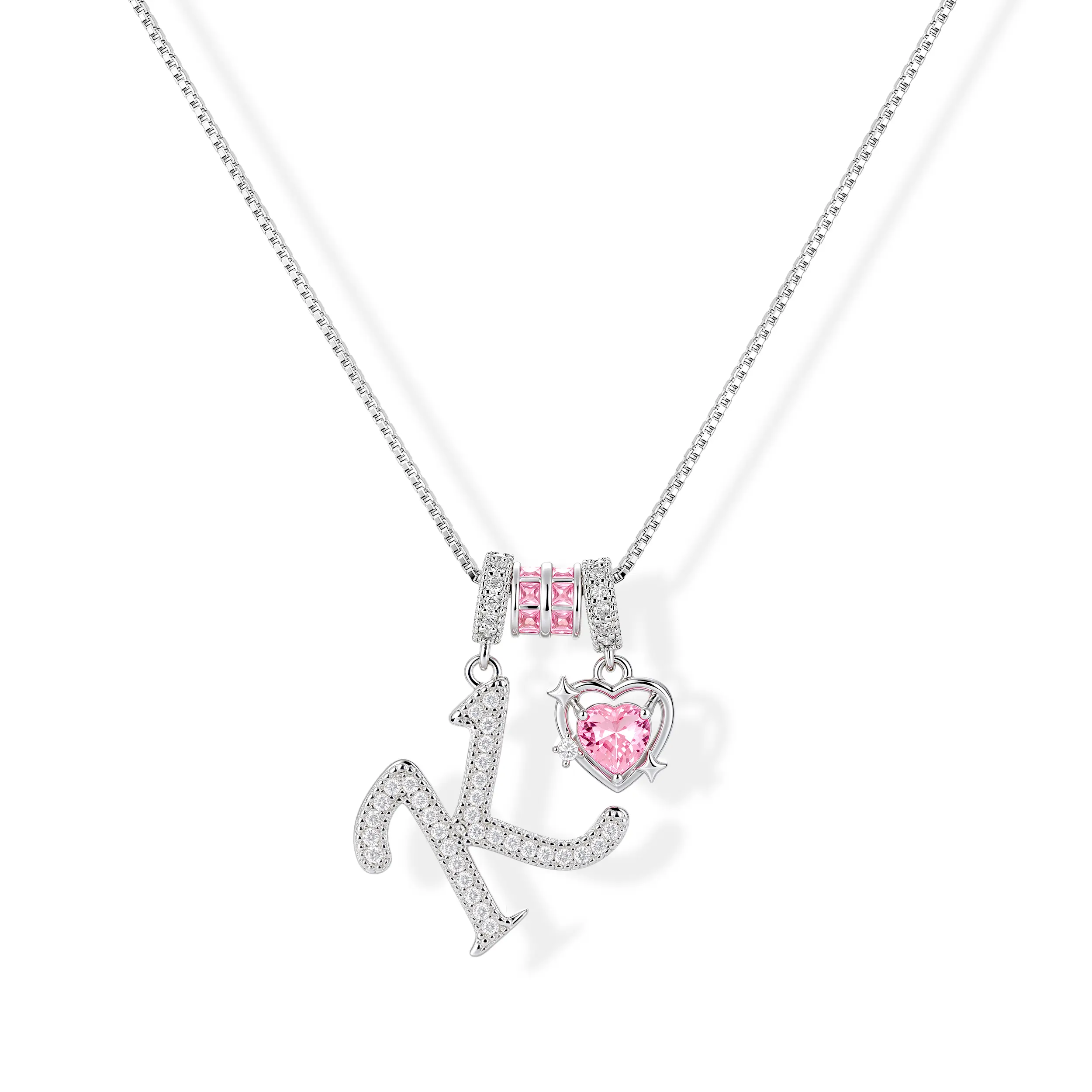 LOYALOVE 925 Sterling Silver Dainty Initial Pendant Necklace for Women, A-Z Personalized Letter Necklace with Pink Heart Cubic Zirconia, Adjustable Chain, Gifts for Her
