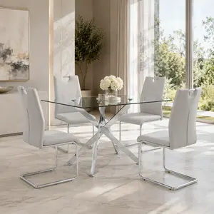 5-Piece Dining Table Set for 4,Modern Rectangular Tempered Glass Dining Table with 4 PU Leather High Back Chairs, Space-Saving Dining Room Table and Chairs Set of 4 with Metal Legs for Kitchen,Apartment