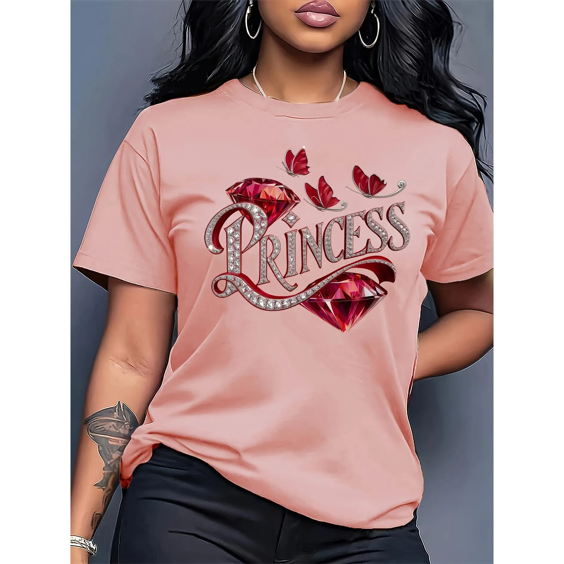 Women's Classic Fit Graphic Tshirt, Casual Shortsleeve Round Neck Tee, Soft Shirt for All Seasons Casual OOTD and Daily Wear, Soft Cotton, Asymmetric, Flat, Streetwear, Christmas