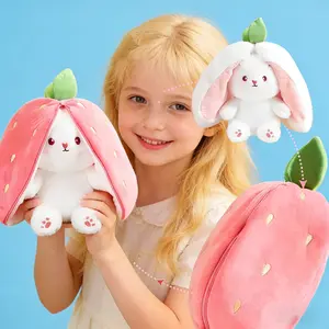 Cute Strawberry Bunny Plush Toy Soft Kawaii Stuffed Animal Pillow for Kids Adorable  Doll Bed Room Decor Birthday Gift Christmas Present Easter Gift for Toddlers Children Girls Sweet Furry Plushies Home Decoration Lovely Stuffed Bunny Toy