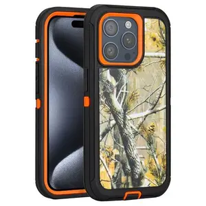 Apple iPhone 15 Pro (6.1) - Tough Pro Case with Holster Clip - Tree Camo Design on Orange PC Hard Cover with Soft Orange TPU Bumper
