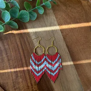 Beaded Earrings - Red and Blue Chevron Design with Gold Hooks Beaded Accessories