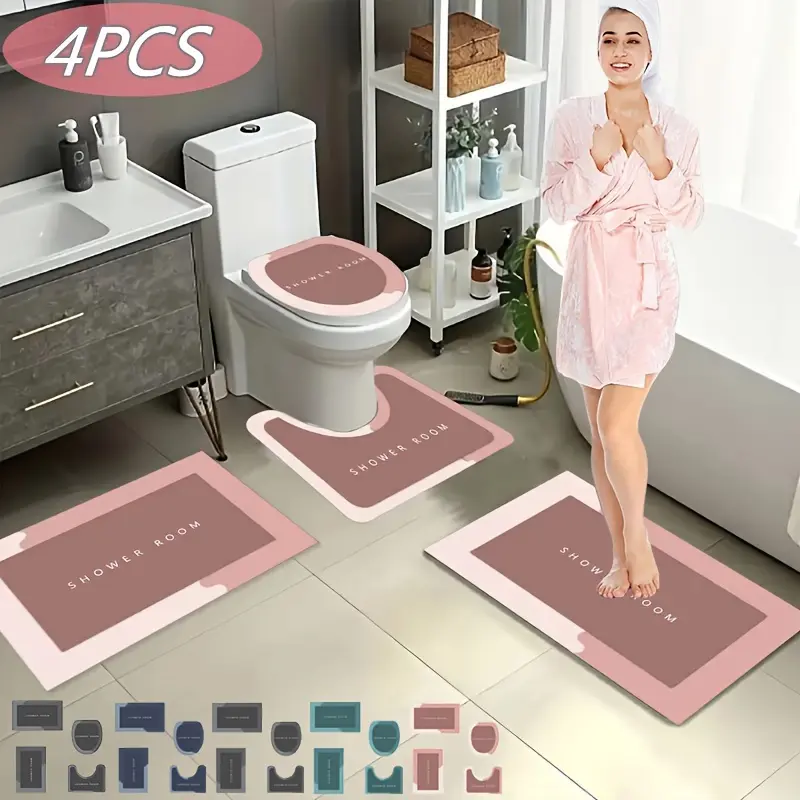 4pcs Oblong Non-slip Rubber Bathroom Rug Set - Quick-drying, Super Absorbent, Stain-resistant, Machine Washable Home Shower Room Accessory