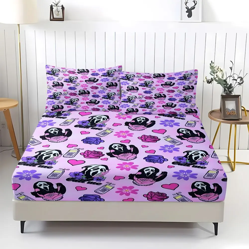 3Pcs Pastel Goth Ghostface Killer Fitted Sheet Set, Polyester Bedding Set, Printed Bedding Set, Vintage Phone & Flower Print Bedding, Soft Light Pink Background, Y2K Aesthetic, Quirky Bedroom Decor & Spooky Vibes, Includes 2 Pillowcases, No Pillow Core