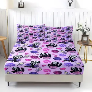 3Pcs Pastel Goth Ghostface Killer Fitted Sheet Set, Adorable Vintage Phone & Flower Print Bedding, Soft Light Pink Background, Y2K Aesthetic, Perfect for Quirky Bedroom Decor and Spooky Vibes! Includes 2 Pillowcases, No Pillow Core