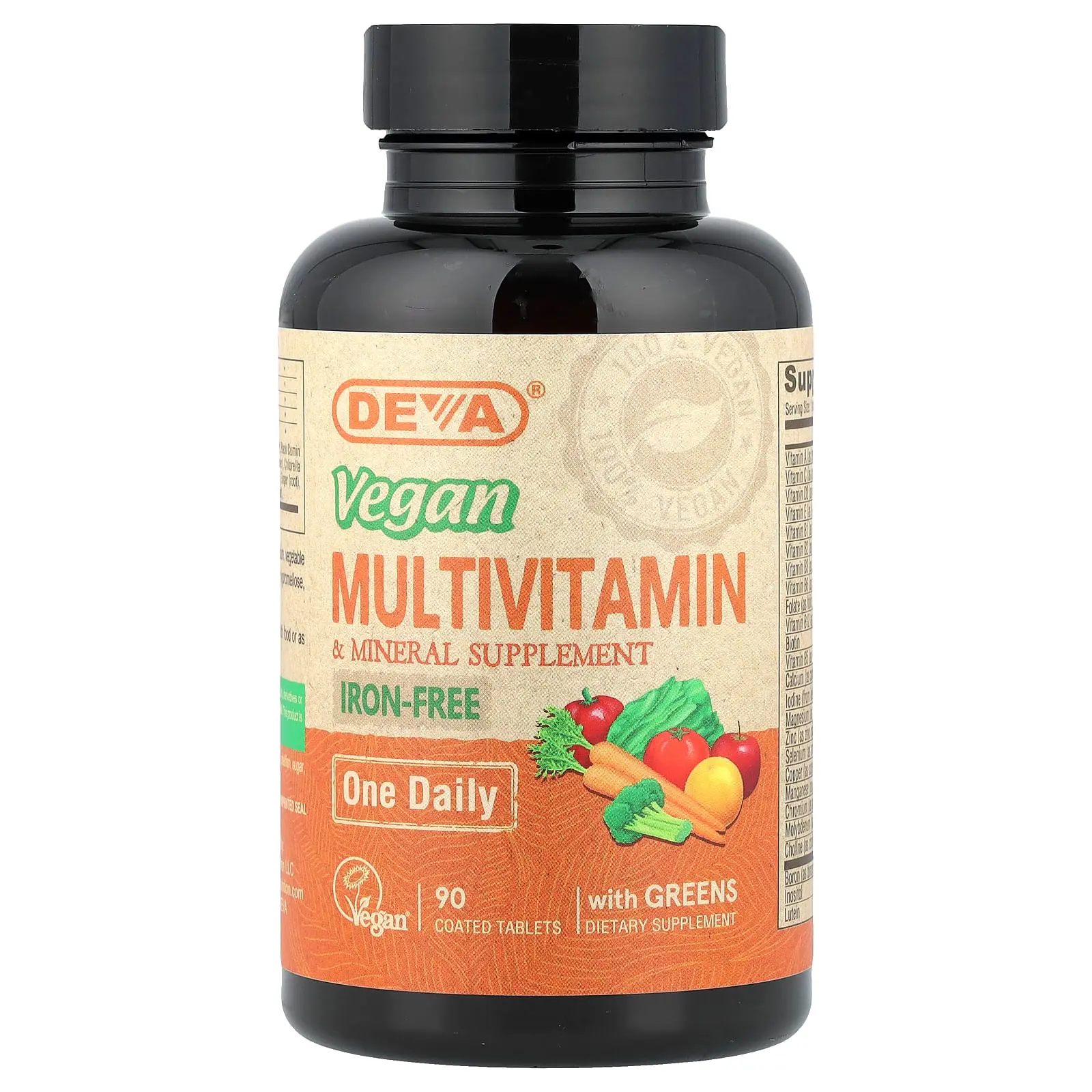 Deva Vegan Multivitamin & Mineral Supplement with Greens, Iron Free, 90 Coated Tablets