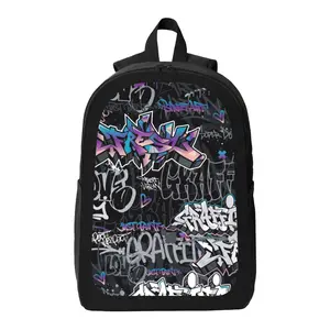 Graffiti Printed Backpack, Lightweight Spacious Daypack with Adjustable Straps & Side Pockets, Street Art Laptop Bookbag for School, Commute, Travel, Hiking, Urban Style Gift for Teens Adults