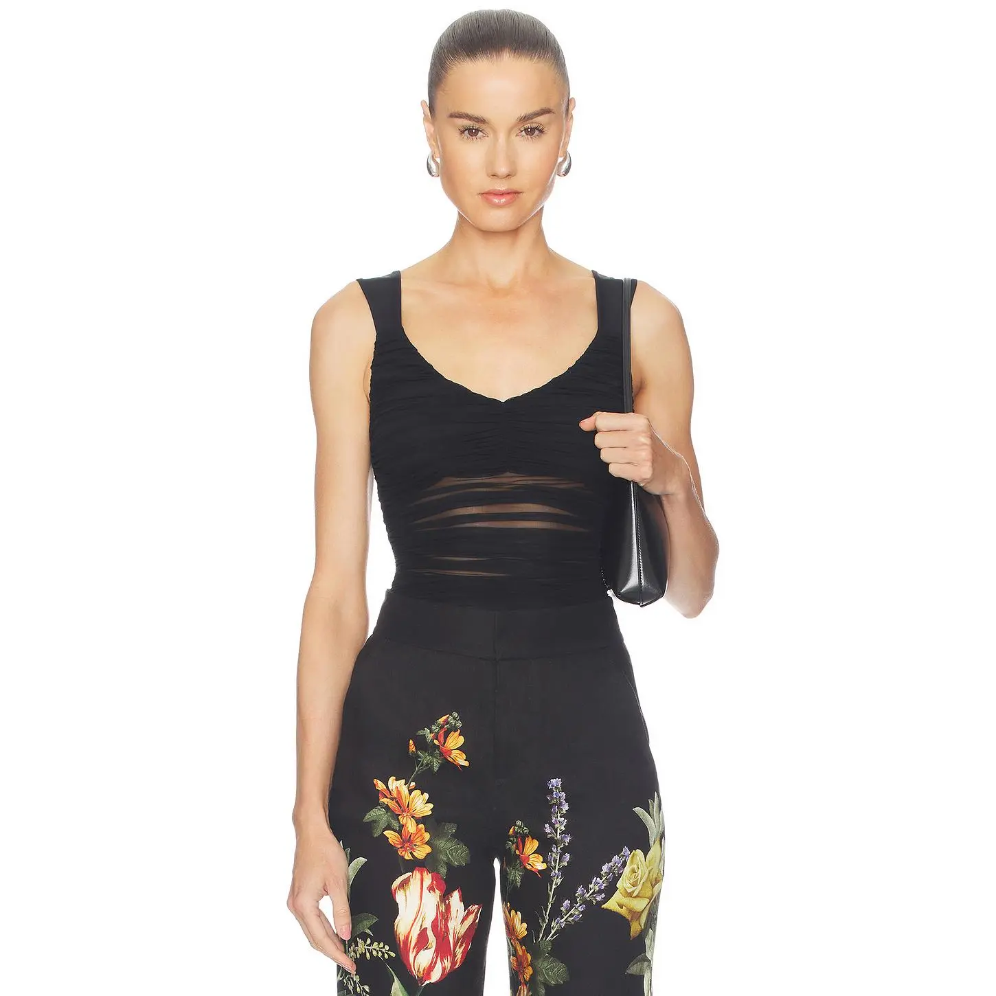 Alice + Olivia Renee Sheer Soft V Neck Ruched Tank Bodysuit in Black