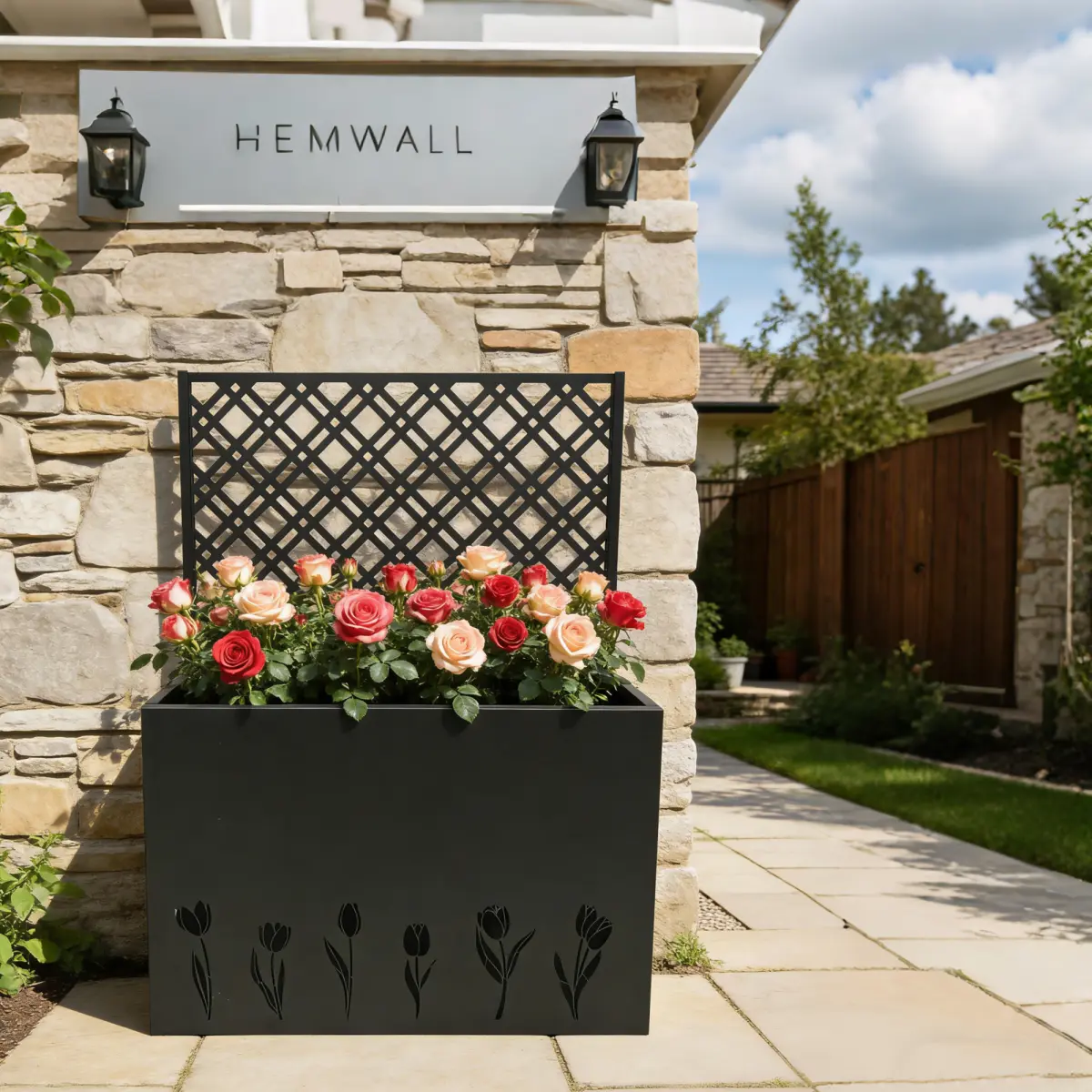 Large Size Tall Metal Planter Raised Bed with Trellis (35.5in L x 11.9in W x 47.3in H) - Black Tulip Outdoor Decor for Porch, Patio