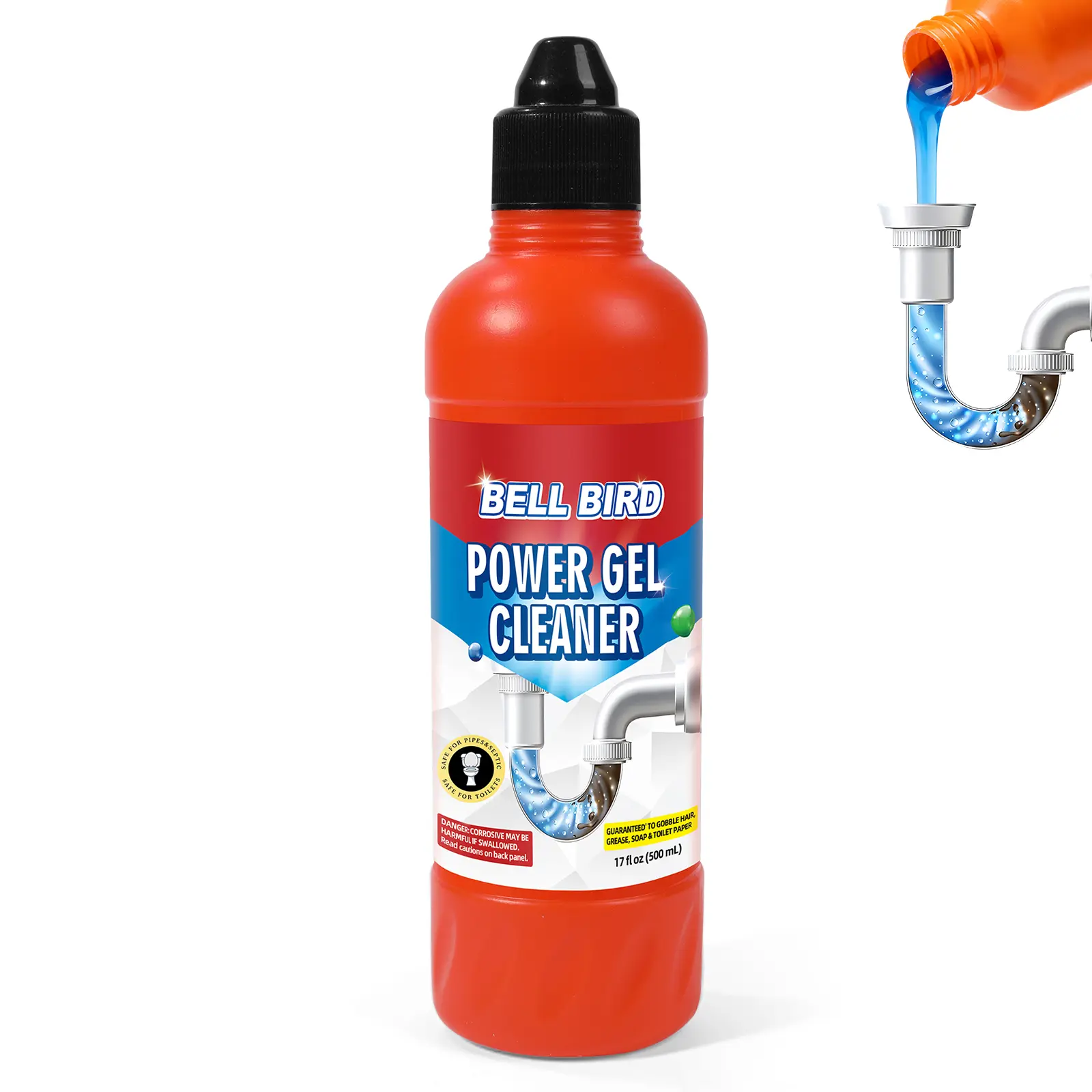 Bell Bird Drain Clog Remover & Pipe Cleaner - Thick Power Gel Dissolves Hair, Grease, and Soap Scum - Septic Safe Odor Eliminator for Kitchen Sinks, Tubs, Showers & Toilets (Pack of 1)