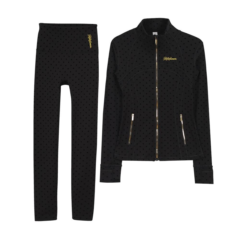 ROROLEMON Women's Yoga Outfit – Black Polka Dot Long Sleeve Jacket with Matching Leggings