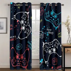 Game Room Decor Curtains Set, Ps Controller Pattern Drapes, Vibrant 3D Art Print, Polyester Fabric, Unisex Gaming Theme, Window Curtain