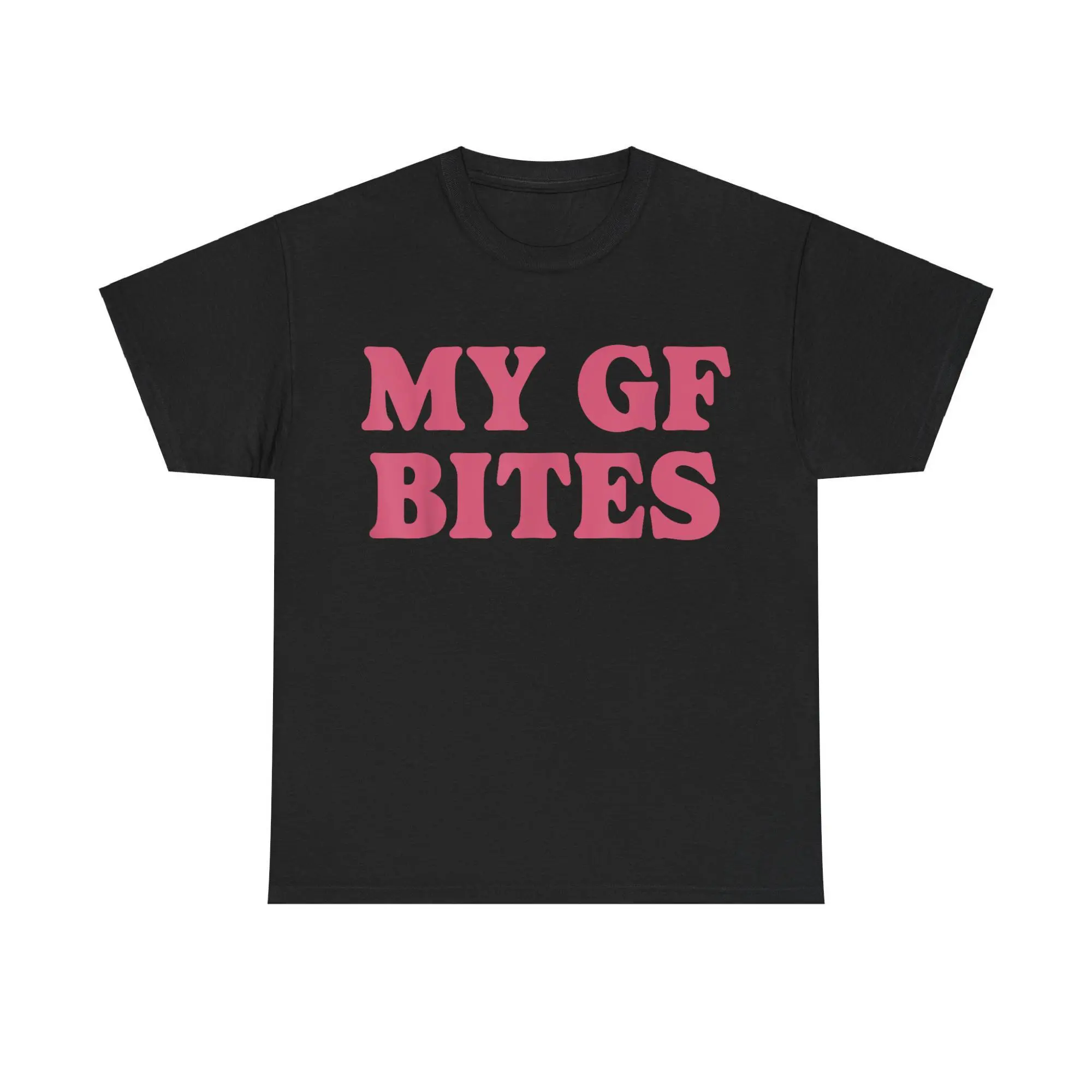 Men's Round Neck Short-Sleeve Tshirt - Funny "My GF Bites" Graphic Top, Casual Fit Comfy, Machine Washable Menswear, Adult Gift, Shortsleeve, Soft, Graphic Print, Cotton, Funny Shirts