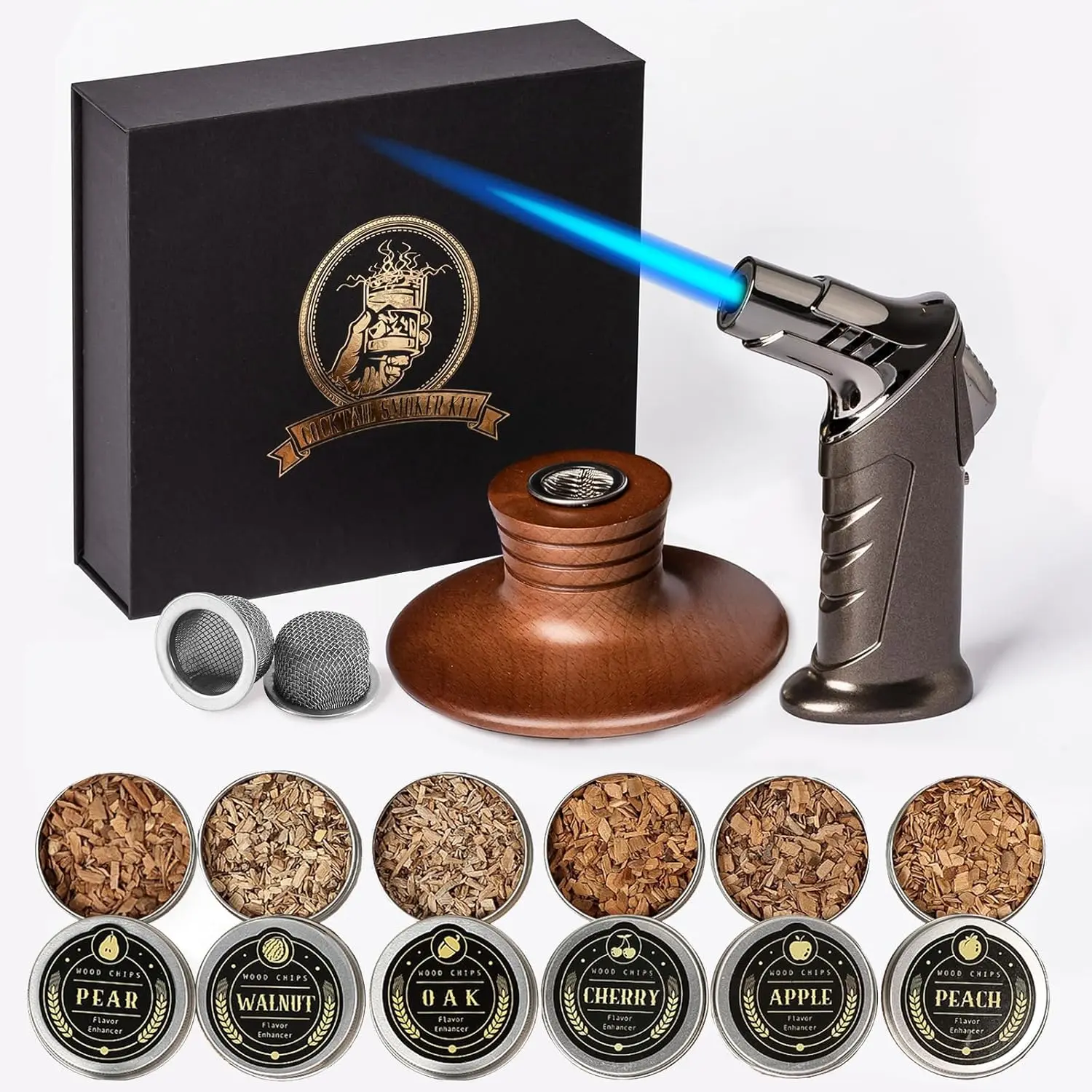 Bourbon Whiskey Gift Set - A cocktail smoking kit including a blowtorch (butane not included) and wood chips, a classic whiskey and bourbon set, the perfect gift for fathers, husbands, and cocktail enthusiasts.