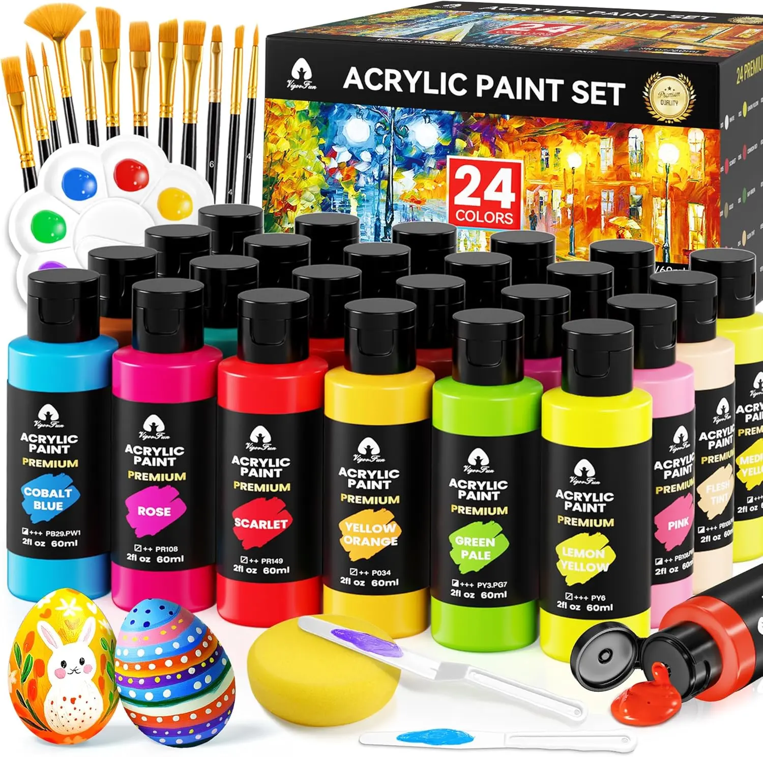 Acrylic Paint Set - 24/36/48 Rich Pigment Colors (2oz/60ml) with 12 Brushes, 2 Knives, Palette - for Artists & Beginners - Ideal for Canvas, Ceramic, Wood Painting