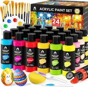 Acrylic Paint Set - 24/36/48 Rich Pigment Colors (2oz/60ml) with 12 Brushes, 2 Knives, Palette - for Artists & Beginners - Ideal for Canvas, Ceramic, Wood Painting