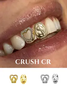 CRUSH CR Sparkling 18K Gold Plated Heart Dollar Sign Tooth Caps, Tooth Gems, for Women Content Creators, Y2K Dental Jewelry, Iced Out CZ Stones with Hollow Star Inlay, Bling, Ideal for Music Festivals, Themed Parties, TikTok Photoshoots