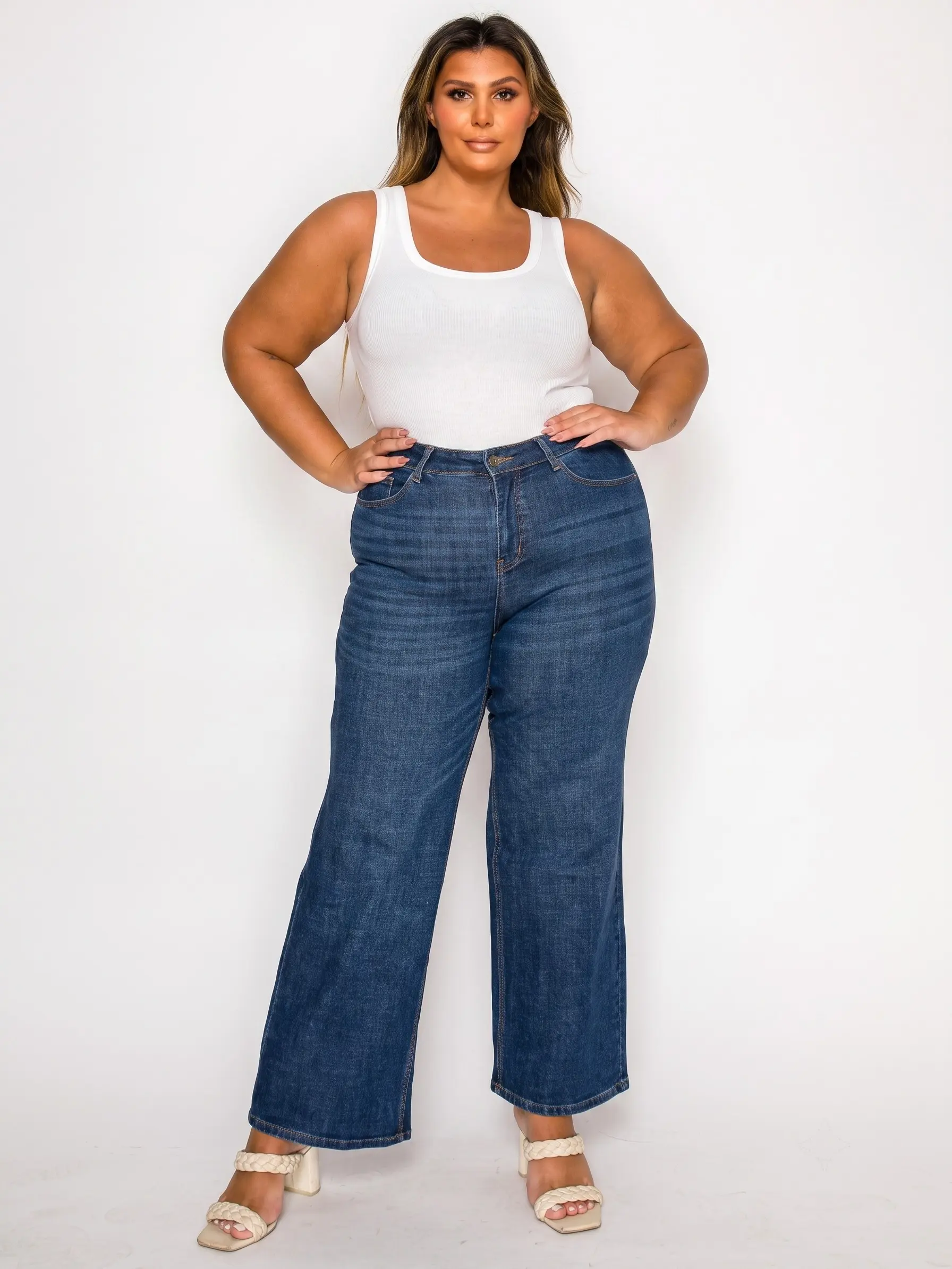 Women's Plus Size Wide Leg Jeans Dark Blue High Waisted Stretch Denim Loose Fit