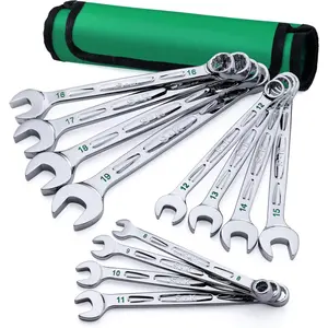 SK Combination Wrench Set, Metric 8 to 19mm, 12-Piece, SuperKrome Finish, CR-V Construction, with Rolling