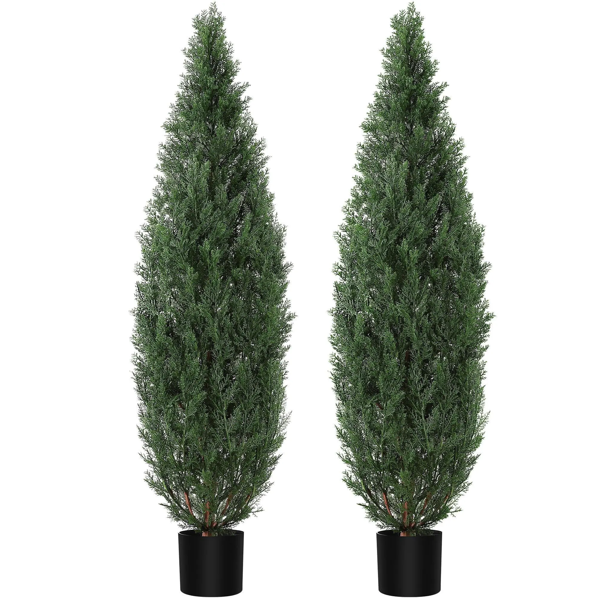 2-Pack 5FT Plastic Iron Decorative Faux Cedar Potted Topiary Trees - UV-Protected Lifelike Indoor-Outdoor Outdoor Furniture for Front Door, Porch Decor