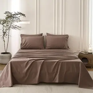 6PS Linen Like Bedding Sheet Sets Light  Brown Cotton Bedding Set Oeko-TEX Standard  Washed Cotton Deep Pocket  Size Fitted Sheet Plus Cozy Flat Sheet and 4 Pillowcases