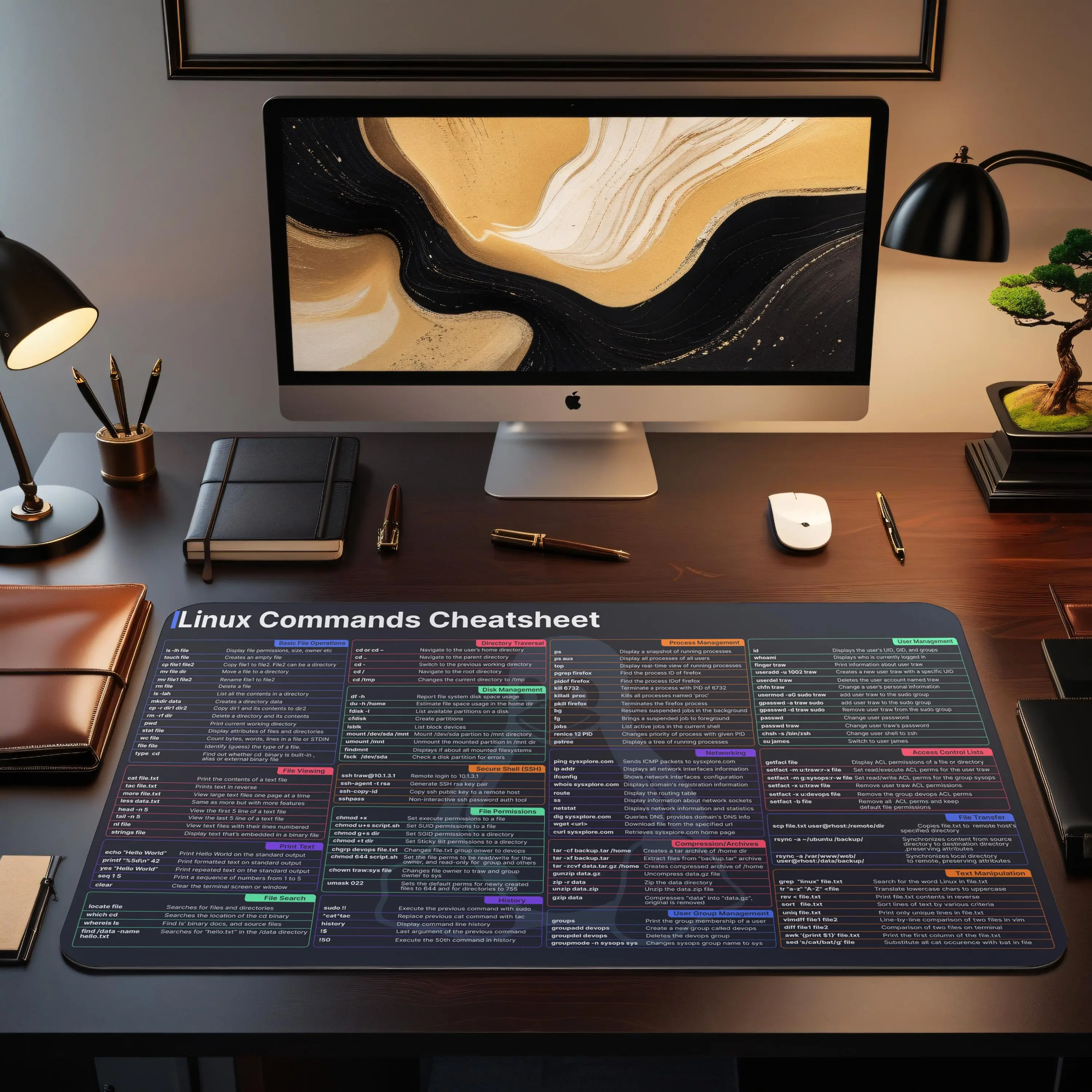 Linux Cheat Sheet Desk Mat | Linux Shortcut Key Mouse Pad | Water Resistant Desk Mat for Programming | Non-Slip Eco-Friendly Rubber Mat