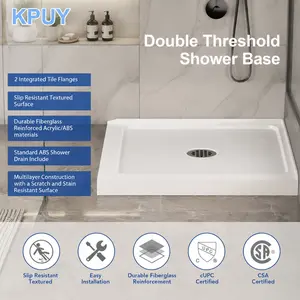 Shower Pan Base, 36 in. L x 36 in. W Center Drain Double Threshold Shower Pan With Non-Slip Textured Surface, White Acrylic Shower Base for Bathroom with Drain, White