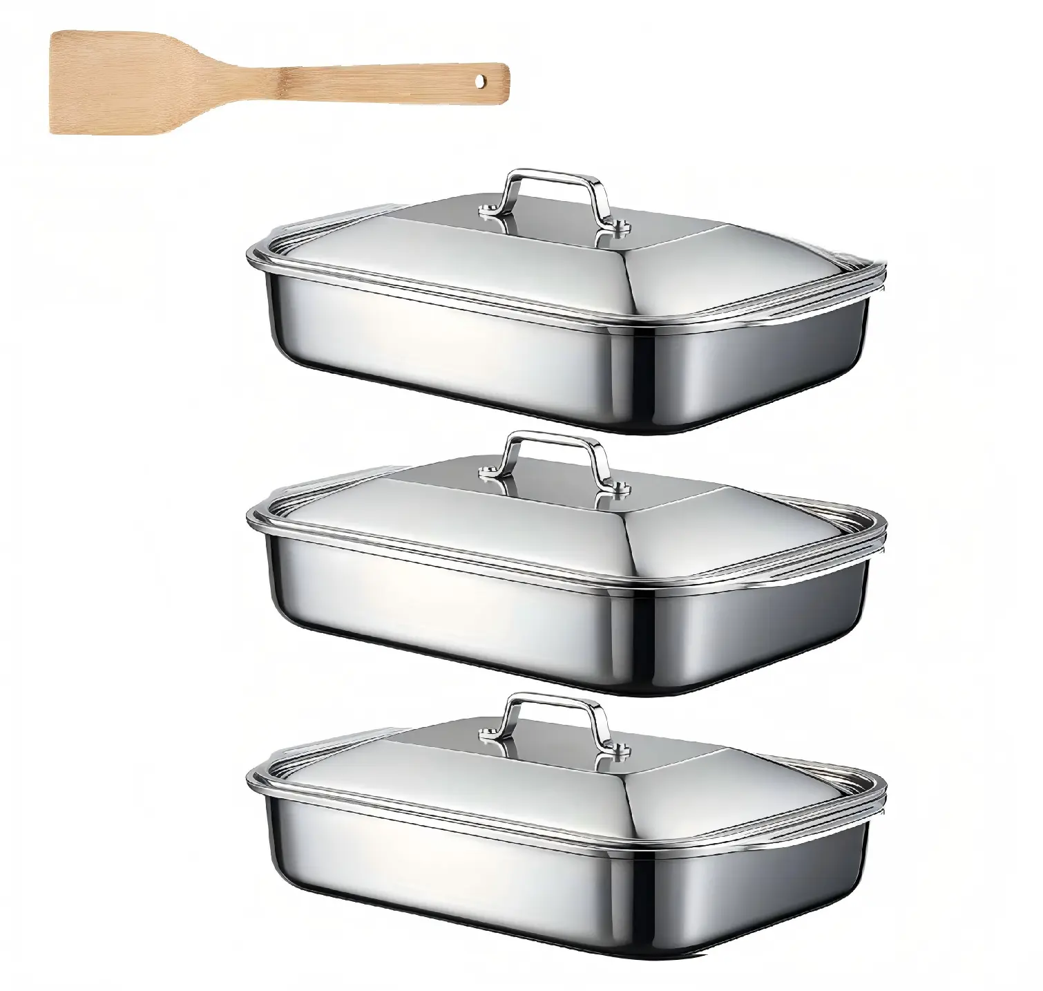LOVEWE 3-Piece Stainless Steel Rectangular Baking Trays Bakeware Kit - Heavy-Duty, Durable, Corrosion-Resistant, Non-Toxic, Sturdy Handles, Lids, Dishwasher-Safe, Heat-Stable, Food-Safe, Serving Bakery-Style Casserole Dishes (Kitchen Household Essentials)