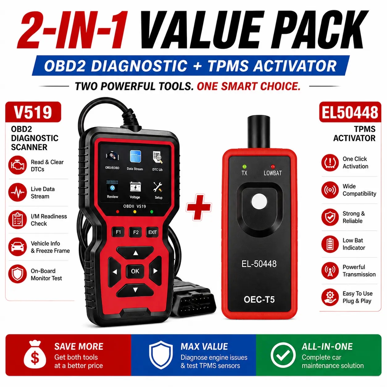 2-in-1 OBD2 Scanner & TPMS Activator Kit V519 Car Diagnostic Tool Engine Code Reader DTC Clear Live Data Tire Pressure Sensor Reset Tool