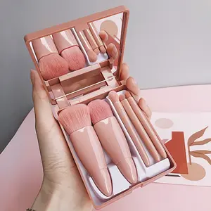 Portable Makeup Brush Set of 5 with Mirror, Mini Mirror Case, Multifunctional Eyeshadow Brush and Loose Powder Brush